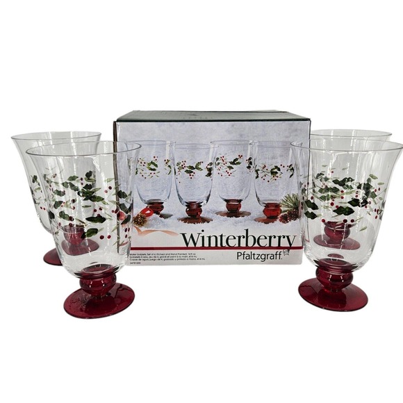 Pfaltzgraff Other - Pfaltzgraff Winterberry Water Holiday Goblets Hand Painted Etched Qty 4 In Box